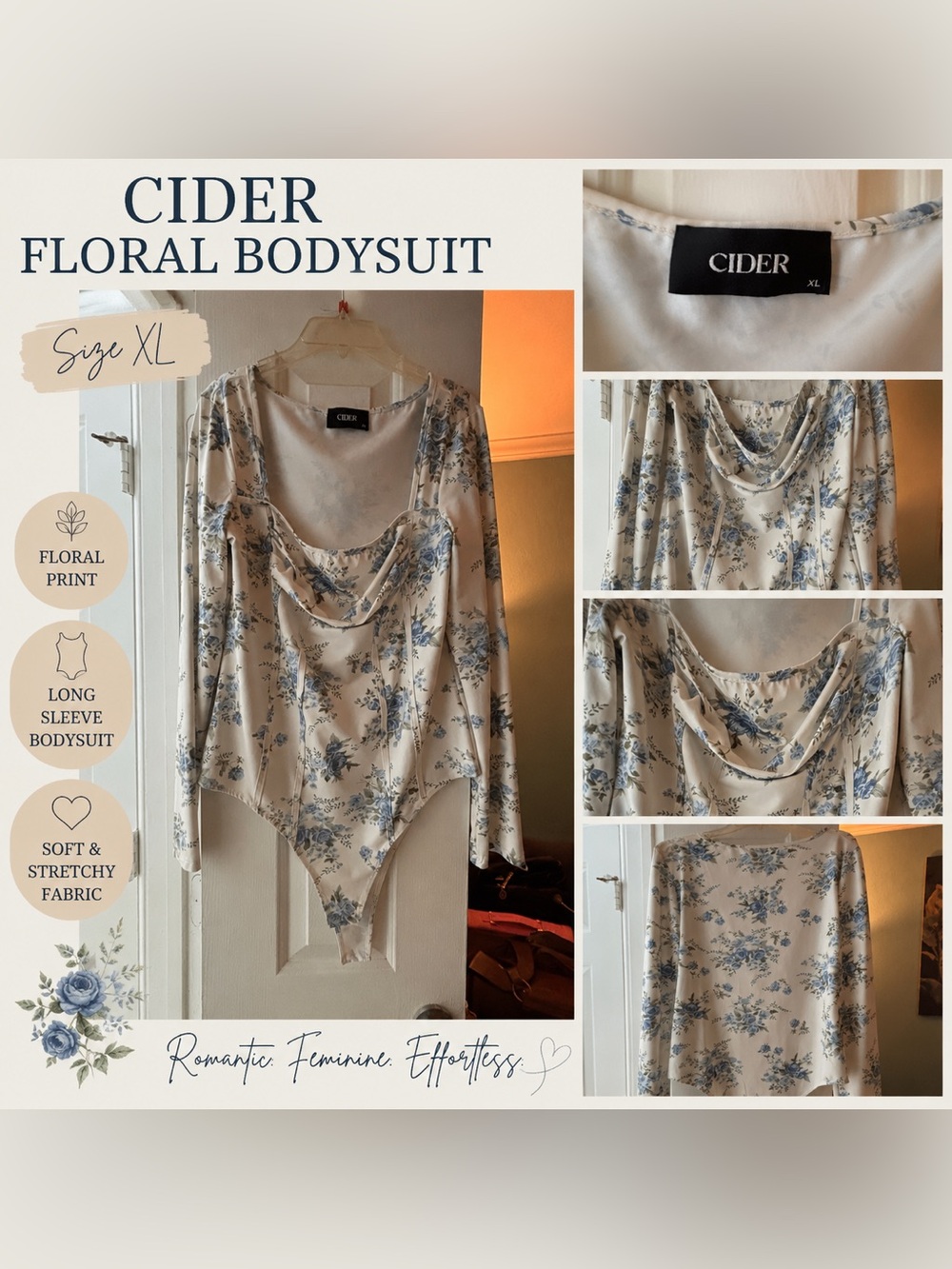 Cider Cottagecore Floral Cowl Neck Bodysuit XL Blue Rose Long Sleeve